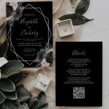 Pêche Floral Noir Cadre Argent Code QR Mariage