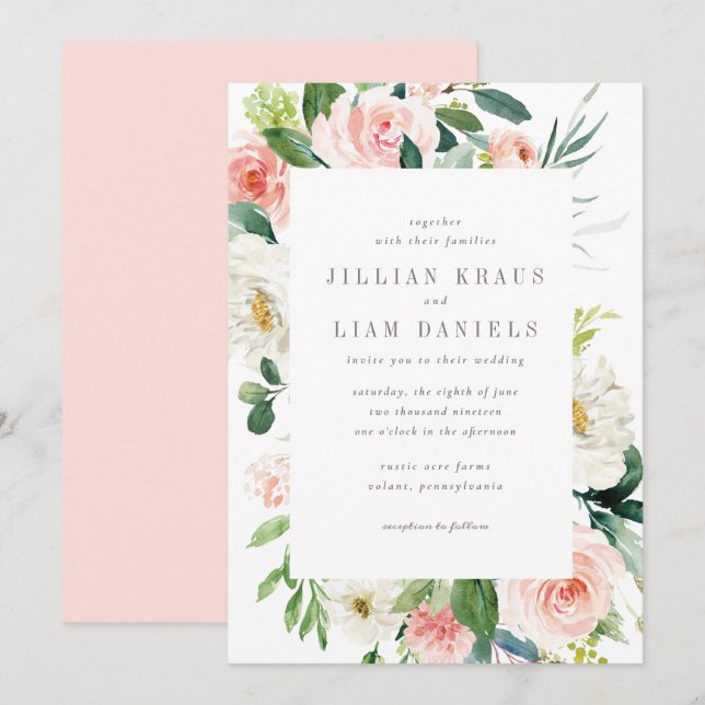 Invitation Pêche géométrique et Mariage floral blanc (Devant / Derrière)