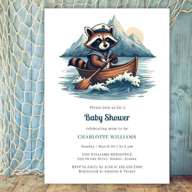 Invitation Pêche nautique Baby shower de la voile Raccoon (Nautical Boy Baby Shower Invitation with Cute Fishing Raccoon and Mountain Scene)