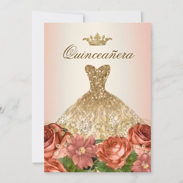 Invitation Pêche or Floral Rose Quinceanera (Dos)
