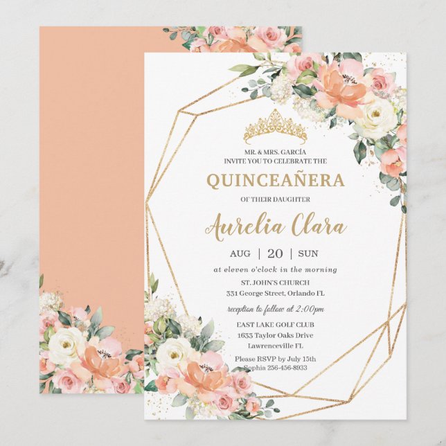 Invitation Pêche Pink Blush ivoire Floral 15e Quinceañera (Devant / Derrière)