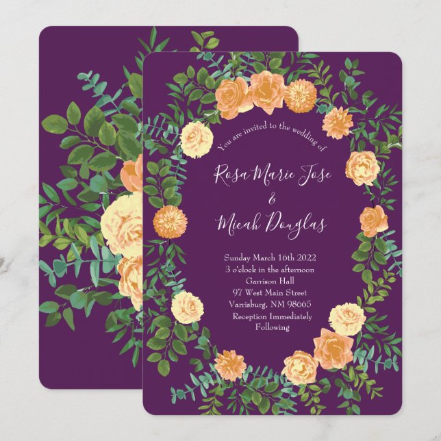 Invitation Pêche & Plum Purple Peony & Rose Floral Mariage (Devant / Derrière)