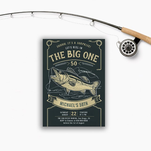 Invitation Pêche Poisson Pêcheur Adulte Hommes 50e Anniversai (men 50th birthday party invitation fish fishing fisherman reel black gold modern fun elegant)