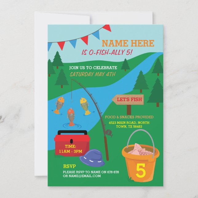 Invitation Pêche Poissons ANNIVERSAIRE FÊTE Lac Rod invitatio (Devant)