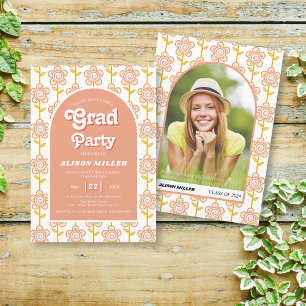 Invitation Pêche rétro et fleurs jaunes les années 70 Graduat