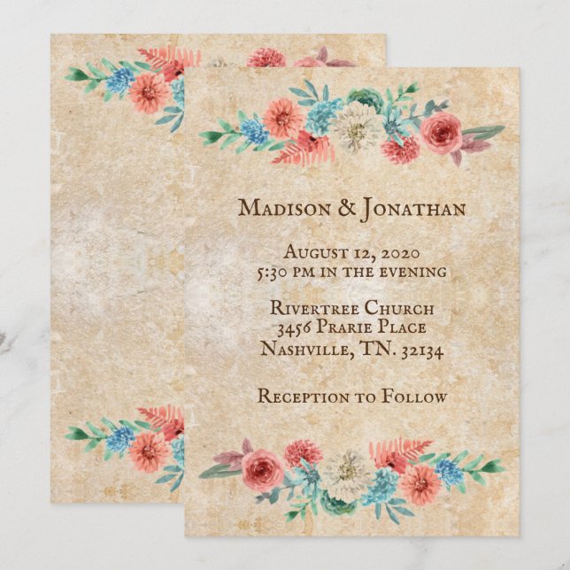 Invitation Pêche romantique | Mariage floral turquoise (Devant / Derrière)