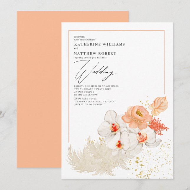 Invitation Pêche romantique Pampas Herbe Floral Boho été (Devant / Derrière)