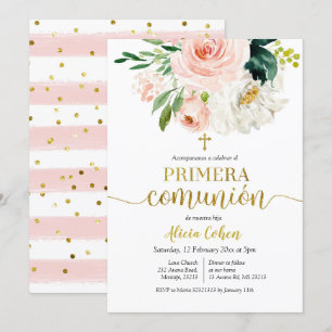 Invitation Pêche rose Floral Primera comunión Invitacion