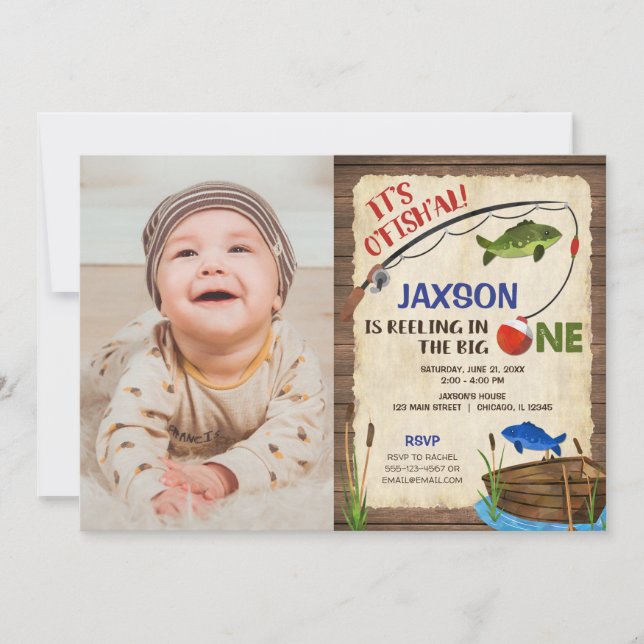 Invitation Pêche rustique 1er anniversaire photo garçon (Devant)