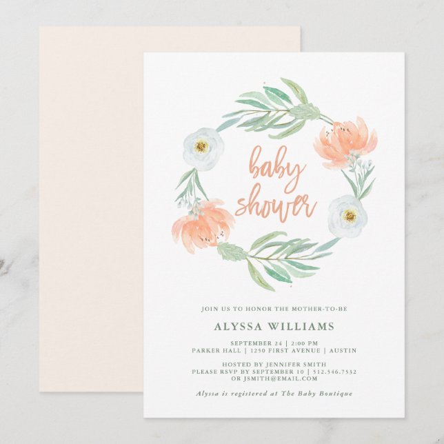 Invitation Pêche sensible florale et baby shower de (Devant / Derrière)