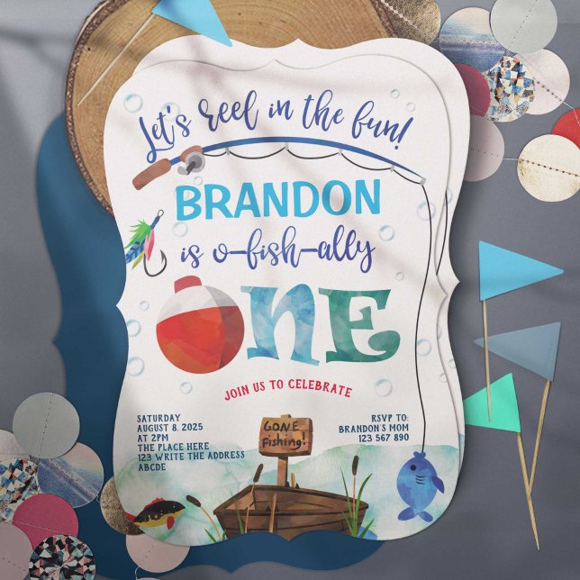 Invitation Pêche Thématique premier anniversaire, Petit Pêche (Little fisherman, gone fishing, o fish ally, fishing themed boy 1st birthday invitations.)