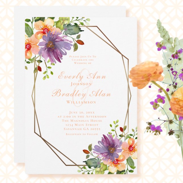 Invitation Pêcher Dusty violet vert Mariage Floral (Créateur téléchargé)