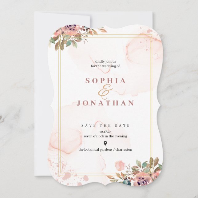 Invitation Pêcher Elégant Aquarelle Neutre Mariage Floral Fo (Devant)