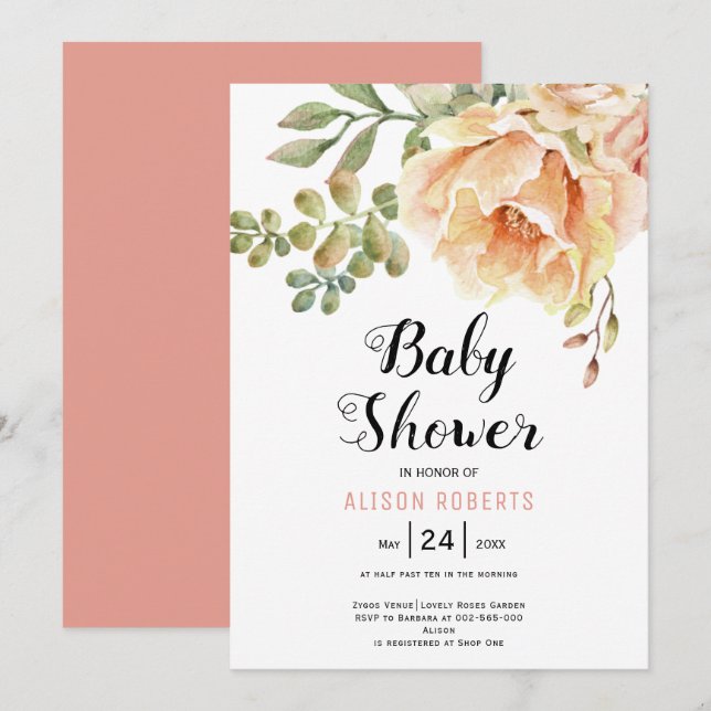 Invitation Pêcher fleurs d'aquarelle et baby shower feuille (Devant / Derrière)