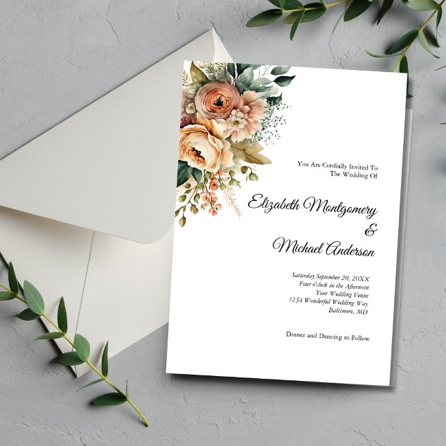 Invitation Pêcher Floral Aquarelle Botanique Mariage élégant (Peach Floral Flowers Greenery Botanical Watercolor Modern Elegant Wedding Invitation)