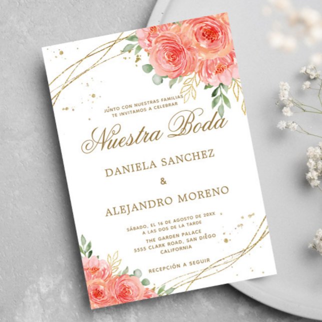 Invitation Pêcher Floral Or Nuestra Boda Mariage espagnol (Créateur téléchargé)