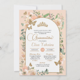 Invitation Pêcher Floral Papillon d'or Aquarelle Quinceañera