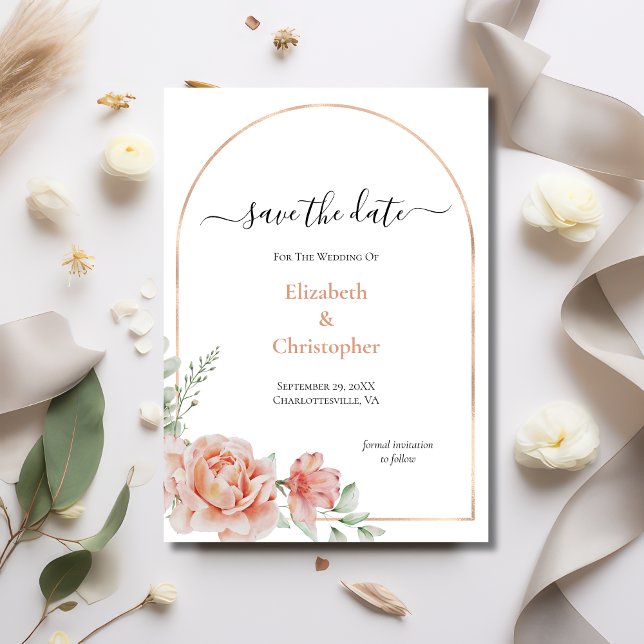 Invitation Pêcher Floral Rose Gold Arch Wedding Enregistrer l (Peach Floral Elegant Watercolor Rose Gold Arch Wedding Save the Date card)