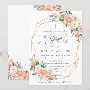 Invitation Pêcher ivoire rose floral vert Baptême Géométrique