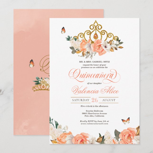 Invitation Pêcher Rose Gold Tiara Butterfly Elegant Quince (Devant / Derrière)