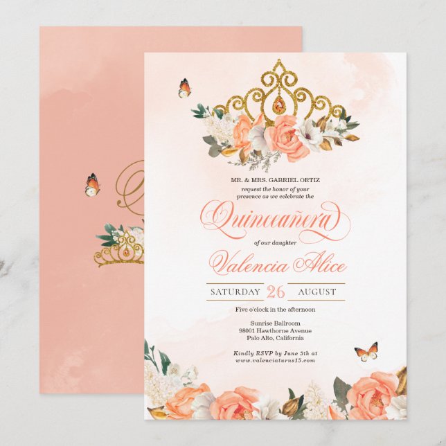 Invitation Pêcher Rose Gold Tiara Butterfly Quinceanera (Devant / Derrière)