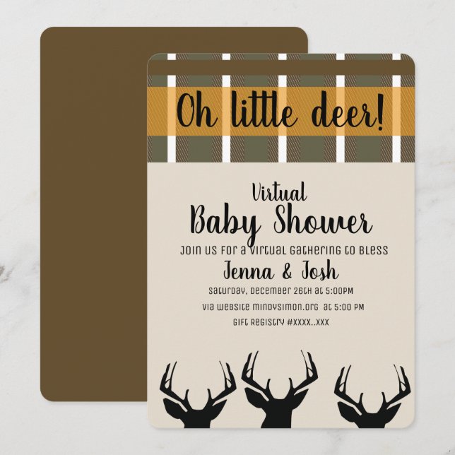 Invitation Peeing Deer Antlers Plaid Baby shower virtuel (Devant / Derrière)
