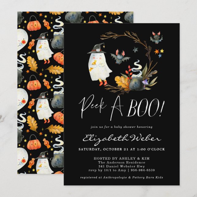Invitation Peek-A | Little Ghost Halloween Baby Shower (Devant / Derrière)