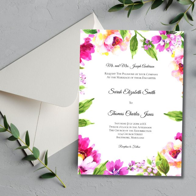 Invitation Peine blanche rose Vert Floral Mariage élégant (Pink Green Watercolor Floral Traditional Formal Wedding Invitation. Elegant Church Wedding)