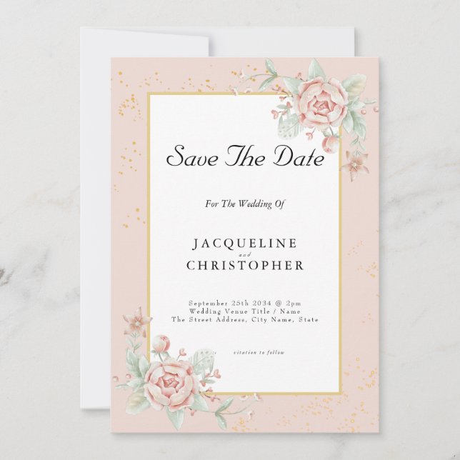 Invitation Peine Florale Rose Dusty Enregistrer La Date Maria (Devant)
