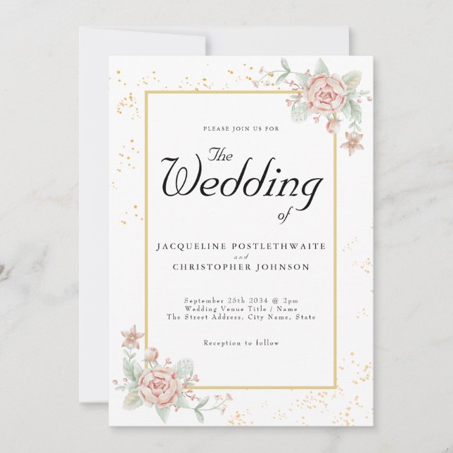 Invitation Peine rose Dusty Floral Chic Mariage Aquarelle (Devant)