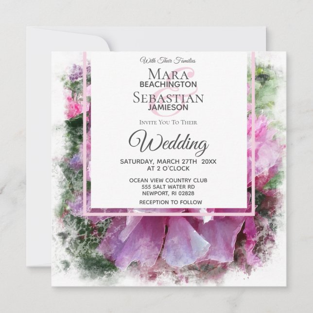 Invitation *~* Peine rose Peony peinture florale AR1 Mariage (Devant)