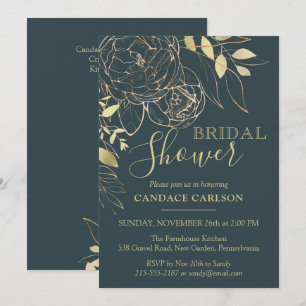 Invitation Peine Turquoise foncée et or Peony Fête des mariée