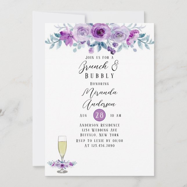 Invitation Peine violette Peony Eucalyptus Brunch & Bubbly (Devant)