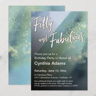 Invitation Peint Bleu Vert Or Paillettes Cinquante et Fabuleu