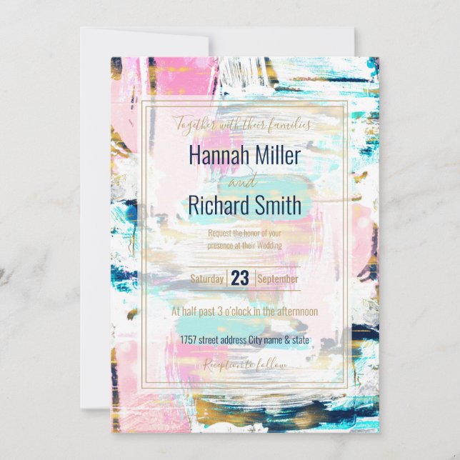 Invitation Peinture à pinceau bleu rose et or (Devant)
