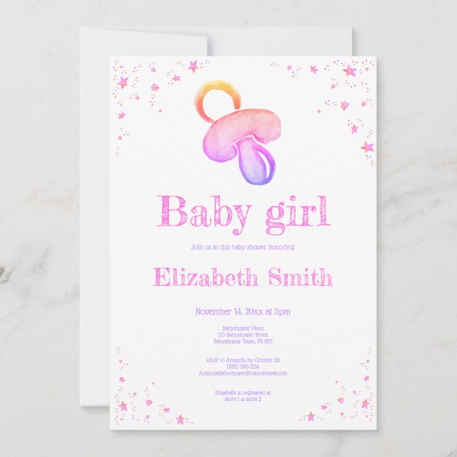 Invitation Peinture aquarelle rose tétine baby shower (Devant)