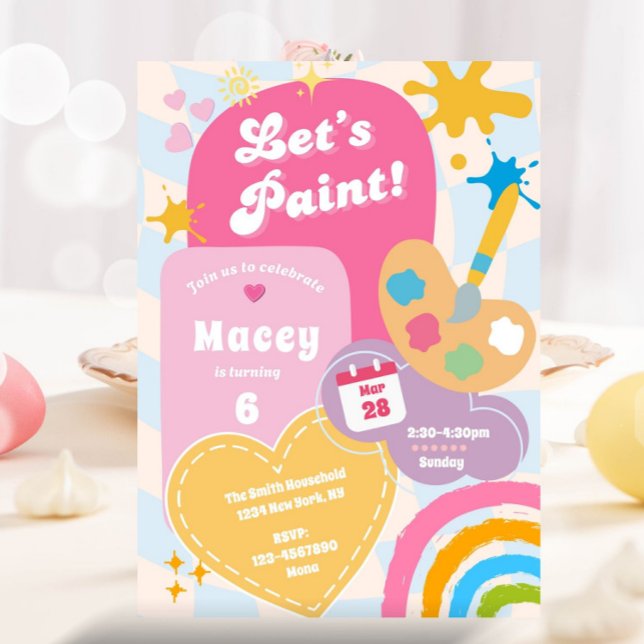 Invitation Peinture de fête d'art super Fête d'anniversaire F (Painting Birthday Party Invitation, ANY AGE, Daisy Paint Party Birthday Invite, Retro Girl, Paint Bi)