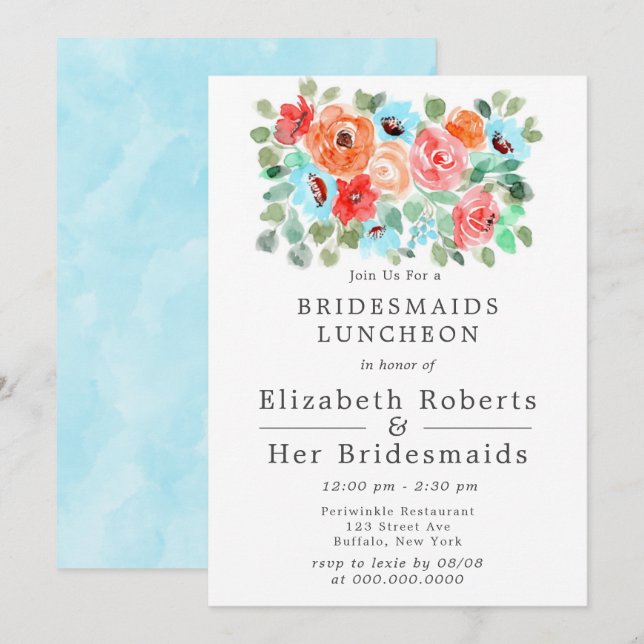 Invitation Peinture de fleurs turquoise corail pour les déjeu (Devant / Derrière)
