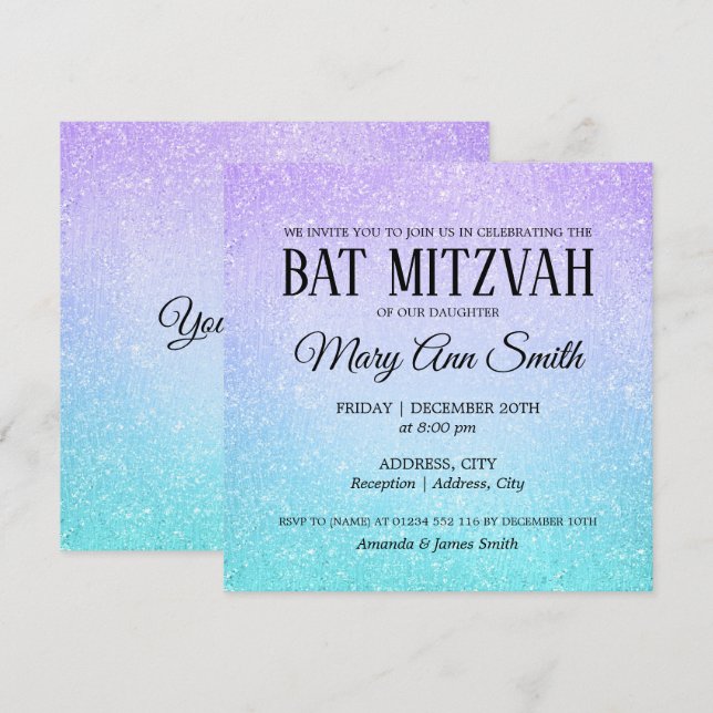 Invitation Peinture de Parties scintillant Faux Bat mitzvah v (Devant / Derrière)