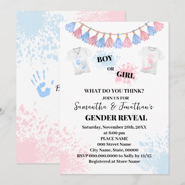 Invitation Peinture rose ou bleu Baby shower de révélation de (Devant / Derrière)