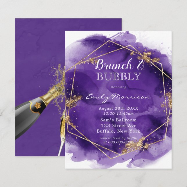 Invitation Peinture violet et or Brunch & Bubbly (Devant / Derrière)