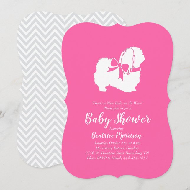 Invitation Pekingese Chien Baby shower fille rose (Devant / Derrière)