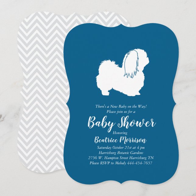 Invitation Pekingese Chien Baby shower Garçon bleu (Devant / Derrière)