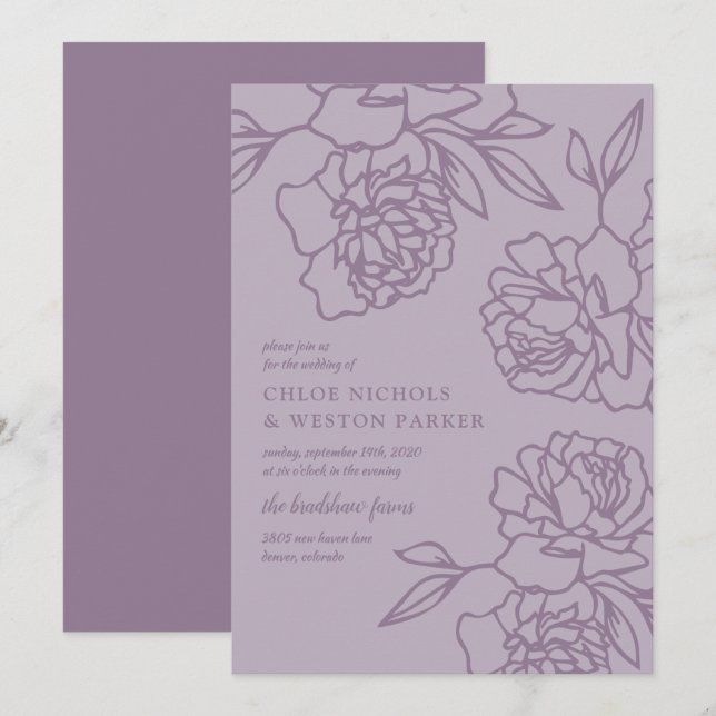 Invitation Penciled Peonies Mariage de la Lavande moderne (Devant / Derrière)