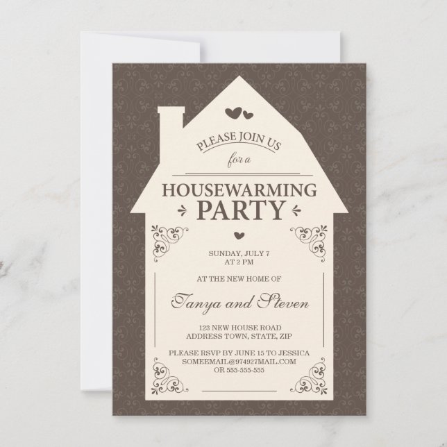 Invitation Pendaison de crémaillère brune élégante de maison (Devant)