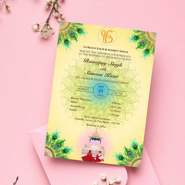 Invitation Pendjabi Sikh Mariage Anand Karaj Peacock (Créateur téléchargé)
