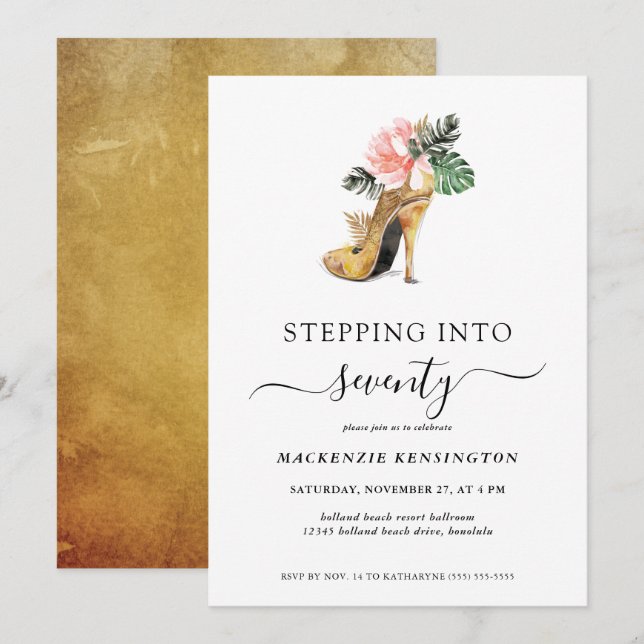 Invitation Pénétrer Dans 70 Talons D'Or Floral Chic Anniversa (Devant / Derrière)