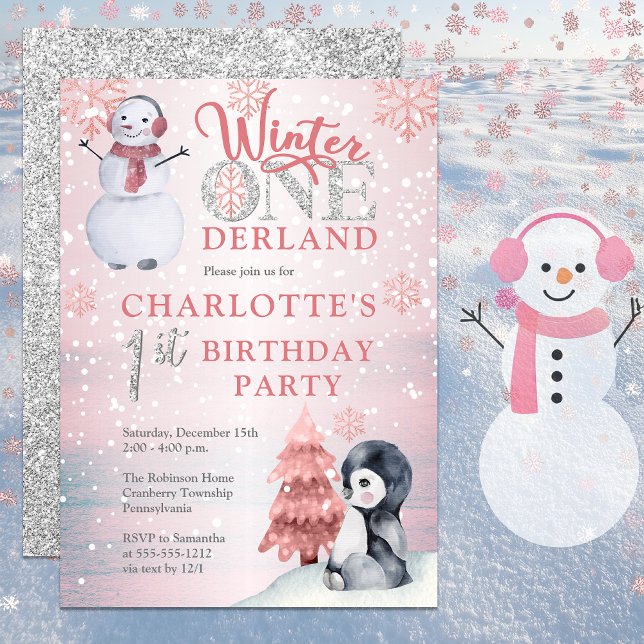 Invitation Penguin | Bonhomme de neige Winter ONEderland 1er  (Pink Winter "One"derland Onederland Wonderland Girl's 1st Birthday Party Invitation -Print | Digital)