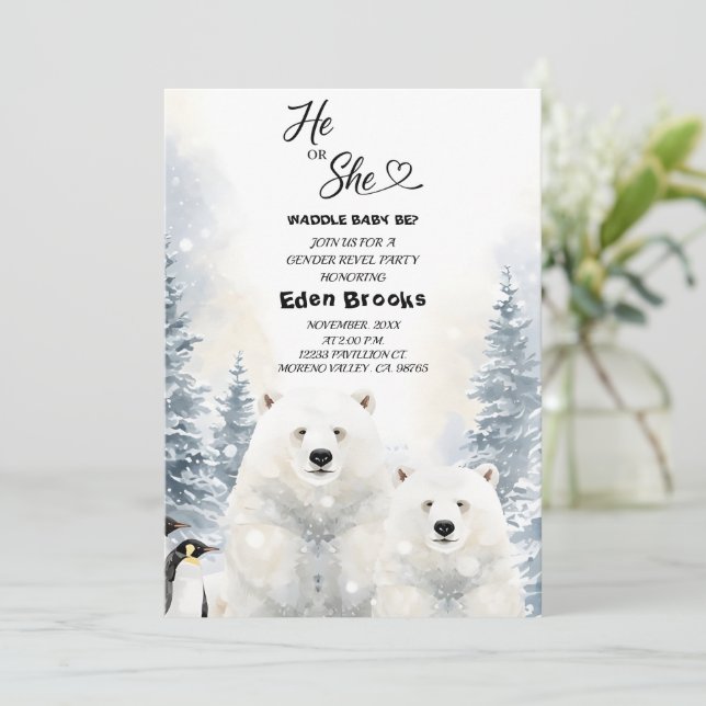 Invitation Penguin He or She Evergreen Winter Gender Reveal  (Debout devant)