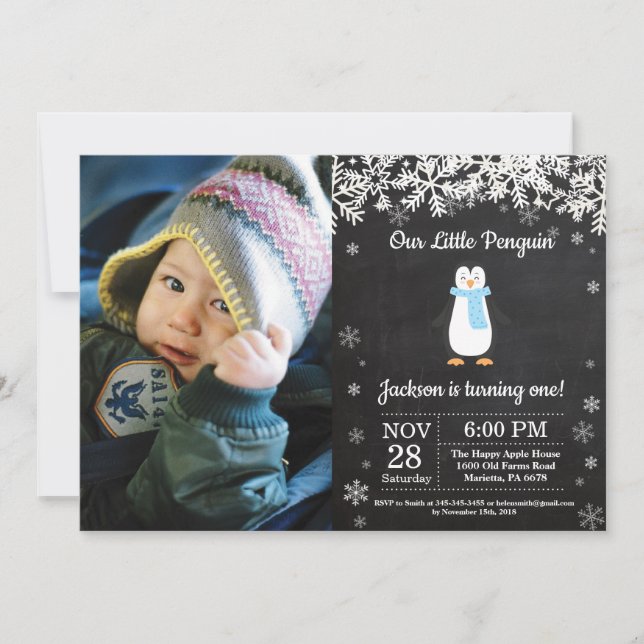 Invitation Penguin Winter Boy Photo Anniversaire (Devant)
